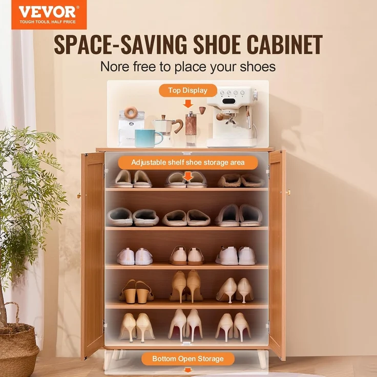 VEVOR Rattan-Schuhschrank 5-stufiger Schuhschrank Schuhkommode mit 2 Türen & verstellbaren Regalen, 102 cm hoher Rattan-Schuhschrank für den Eingangsbereich, ideal für Schrank Flur helle Holzfarbe – Bild 4