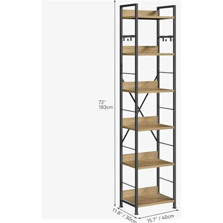 YITAHOME Bücherregal mit 6 Ebenen, Industrielles Standregal, Metallrahmen und Holzregale, Hohes Lagerregal mit 4 Haken, Präsentationsorganizer, für Wohnzimmer, Heimbüro, Eichenfarbe Regal – Bild 5
