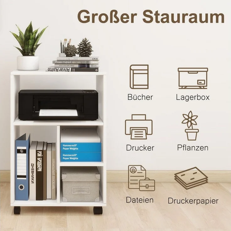 PUNCIA Aktenschrank Rollcontainer Druckerständer mit 4 verstellbaren Ablagen & Bremsrädern (1-St) – Bild 4
