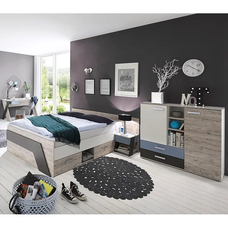 4 tlg. Jugendzimmer mit Bett 140x200 cm und Schreibtisch 4-teilig LEEDS-10 in Sandeiche Nb. mit weiß, Lava und Denim Blau