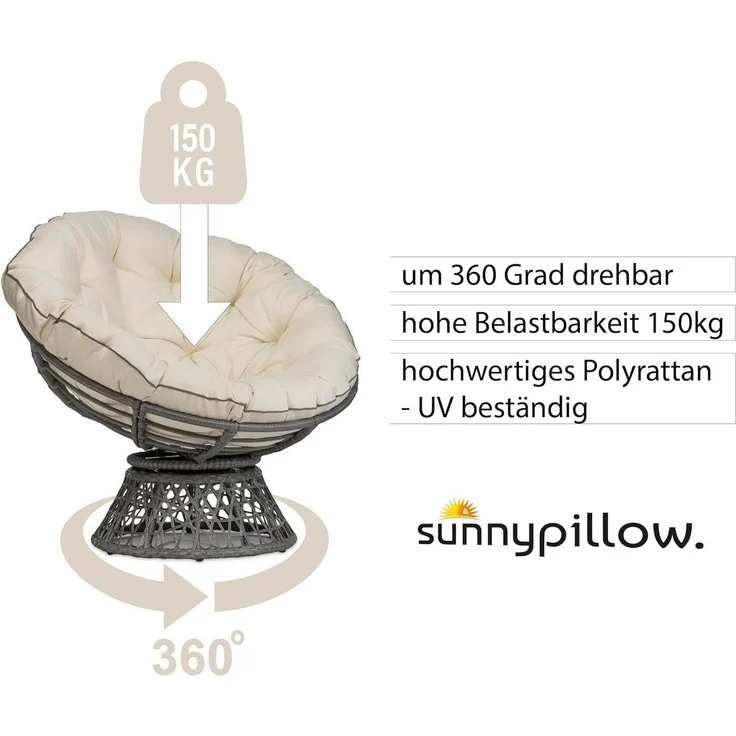 sunnypillow Rattanstuhl Papasansessel, Rattansessel mit Kissen rund Durchmesser 120 cm, Ecru – Bild 2