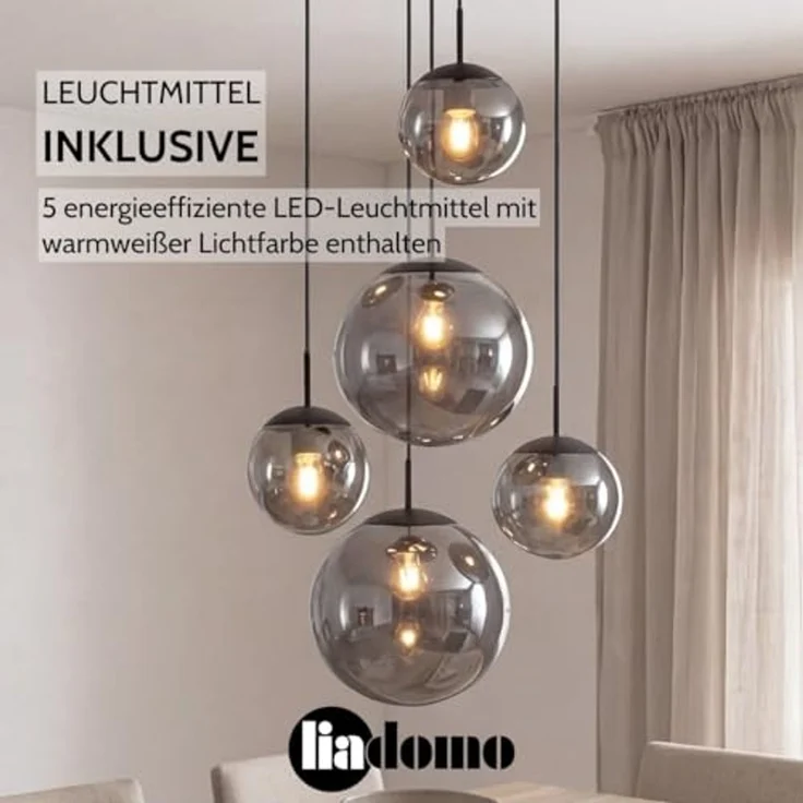 Liadomo Pendelleuchte Vetro, Leuchtmittel inklusive, Warmweiß, 5-flammig, Cluster, Rauchglasschirme, E27, für hohe Decken geeignet – Bild 2