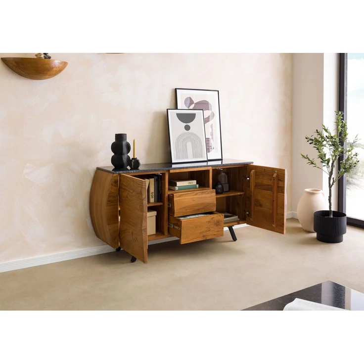 Sideboard Akazie 154 x 40 x 75 natur lackiert / Marmor schwarz MONTREAL #125 – Bild 5