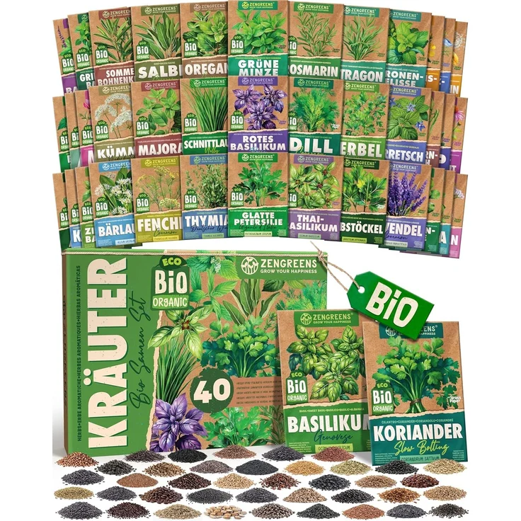 ZenGreens® - Bio Kräutersamen im 40er Set - 40 Kräuter Samen für den einfachen Anbau im Garten, Balkon oder Hochbeet - Pflanzensamen - Saatgut – Bild 1