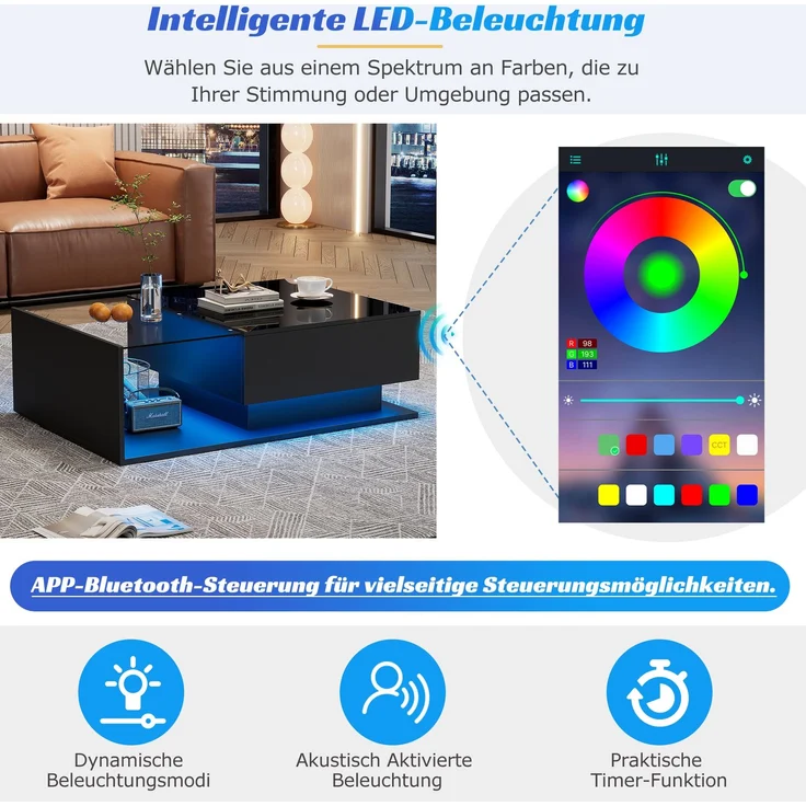 Couchtisch mit Glas, 1 Schublade, LED-Beleuchtung per App steuerbar, 100x50x32 cm, stoßfestes Glas – Bild 6