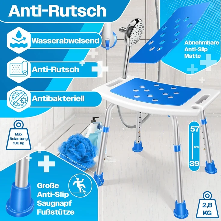 KESSER® Duschhocker höhenverstellbar | Leichter Badhocker rutschfeste Gummifüße Duschstuhl 136KG belastbar | Duschhilfe Senioren | Saugnapf Haltegriff Badewannengriff | Duschsitz mit Brausehalterung Weiß / Blau – Bild 6