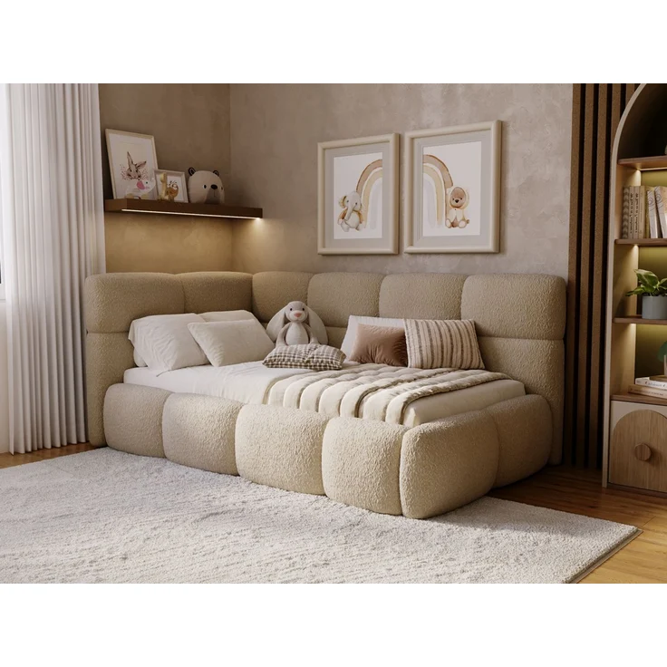 GRAINGOLD Modo One Jugendbett 90x200, Einzelbett mit Bettkasten, mit Lattenrost, Bouclé-Stoff, Rechts, Dunkelbeige – Bild 1