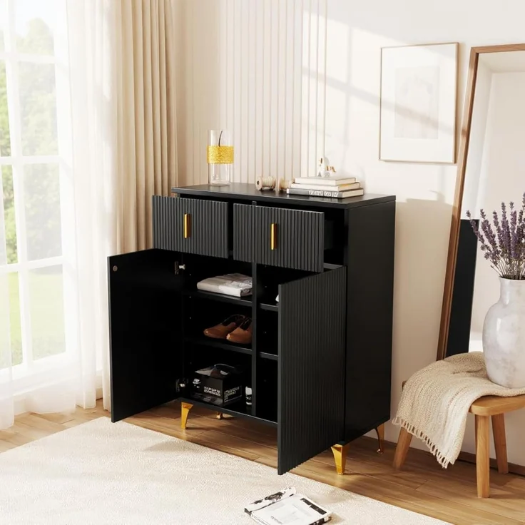 FurnitureR Schwarz Kleiderschrank, Moderner Stil, Holzwerkstoff, Kompakter Stauraum, Stilvolles Design mit Rillenoptik – Bild 3