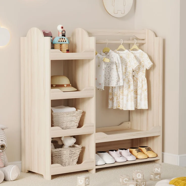 Kindergarderobe mit Sitzbank, Kleiderstange & vier offenen Regalen, aus Kiefer + E1-MDF, Natur, Kinderzimmer Aufbewahrungsschrank, Maße H110 × T39 × B110 cm – Bild 3
