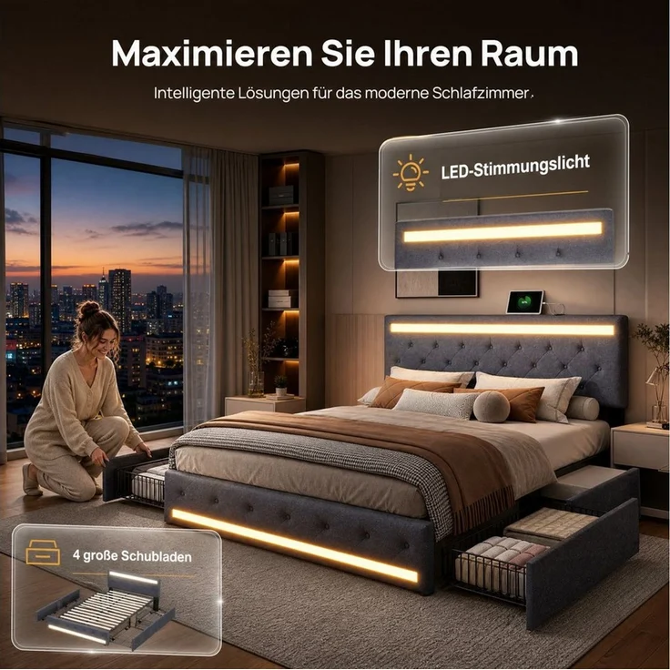 PXloue Polsterbett LED Doppelbett 140x200cm mit Ladefunktion und 4 Schubladen Polsterbett (Geeignet für Jugendliche und Erwachsene), Stauraumbett, mit RGB-LED, Lattenrost und praktischen Schubladen – Bild 2