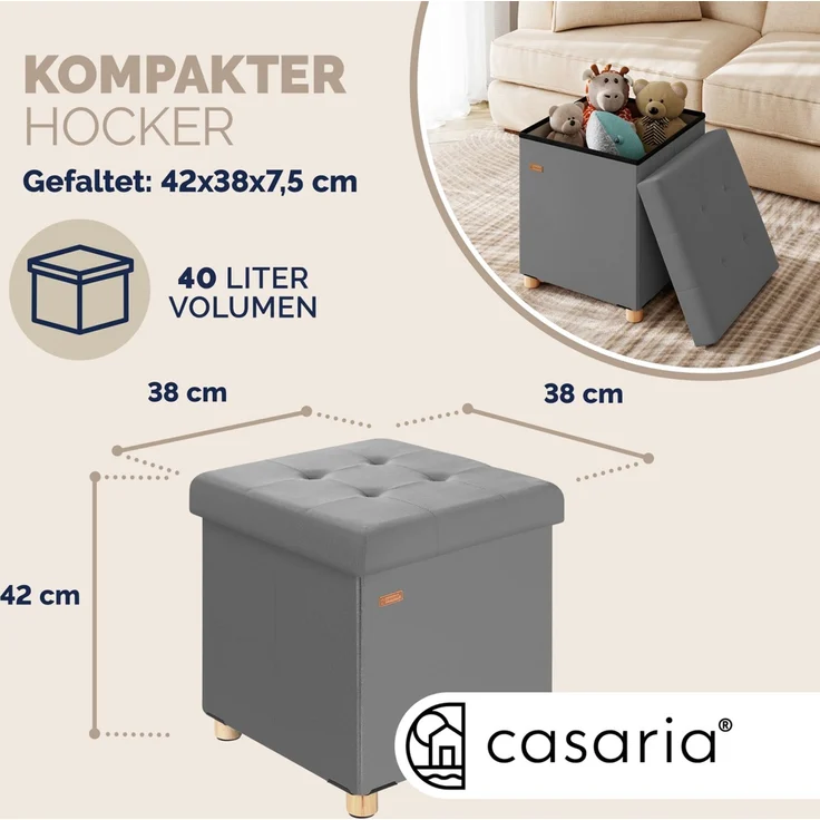 CASARIA® Sitzhocker mit Stauraum, Samt, anthrazit – Bild 3