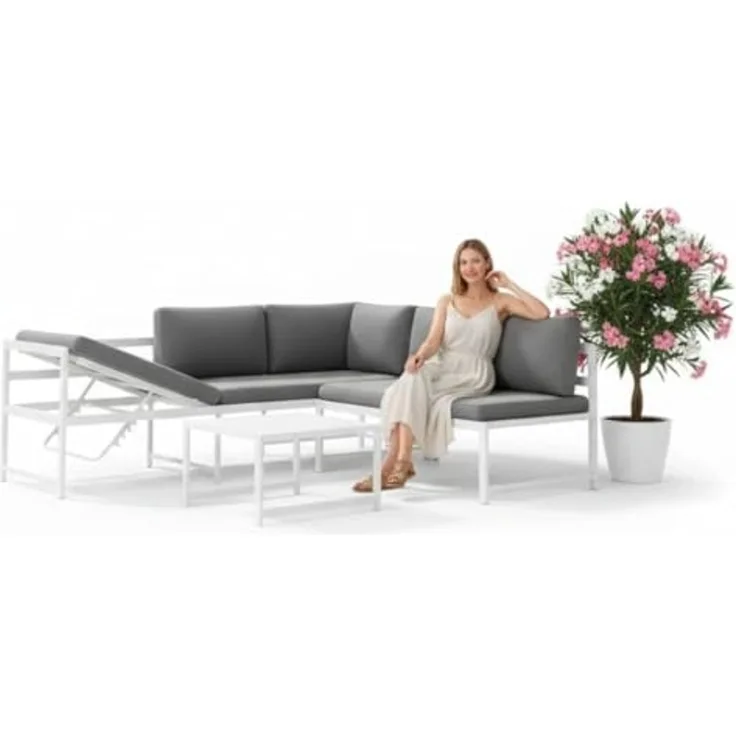 Sitzgruppe Weiß Aluminium Lounge Ecksofa mit Liegefunktion wetterfest Garten Tisch Outdoor-Möbel