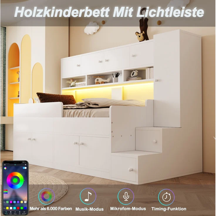Kinderbett mit Stauraum, LED-Beleuchtung & Sicherheitsgeländer, 90x200 cm, Weiß, ohne Matratze – Bild 8