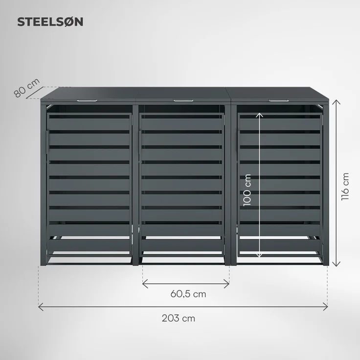 STEELSØN 'Kestra' Mülltonnenbox 3er je 240 Liter, anthrazit, Mülltonnenverkleidung aus Stahl, wetterfest, 116x80x203 cm, Müllbox für 3 Tonnen – Bild 5