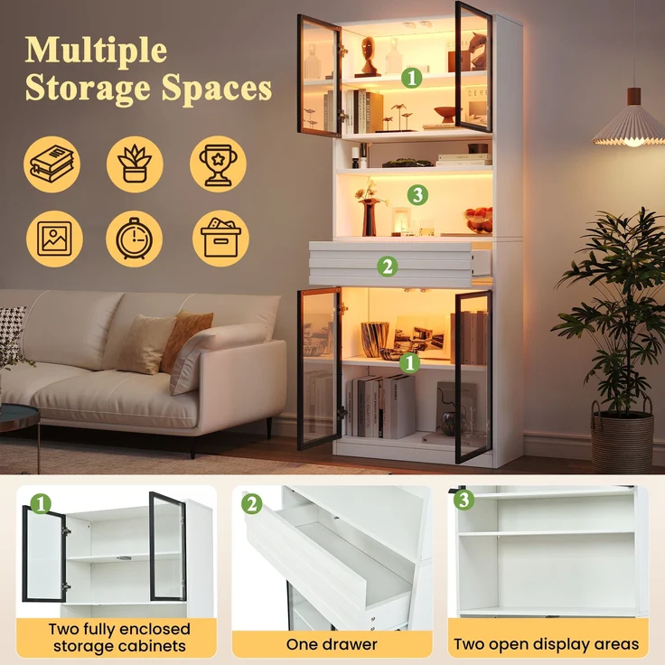Vitrine Display Schrank 80 x 35 x 200 cm aus MDF, Bücherschrank mit 4 Glastüren, 1 Schublade, App‑gesteuerter RGB LED‑Beleuchtung,hohe Schränke, Weinschränke, vitrinen schrank für Wohnzimmer,Weiß--Weiß--80x35x200cm--YOUDENOVA – Bild 8