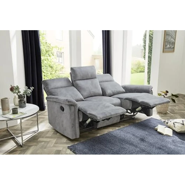 3-Sitzer-Relaxsofa Couch Liegefunktion Federkernpolsterung Velours Vintage Grau – Bild 5