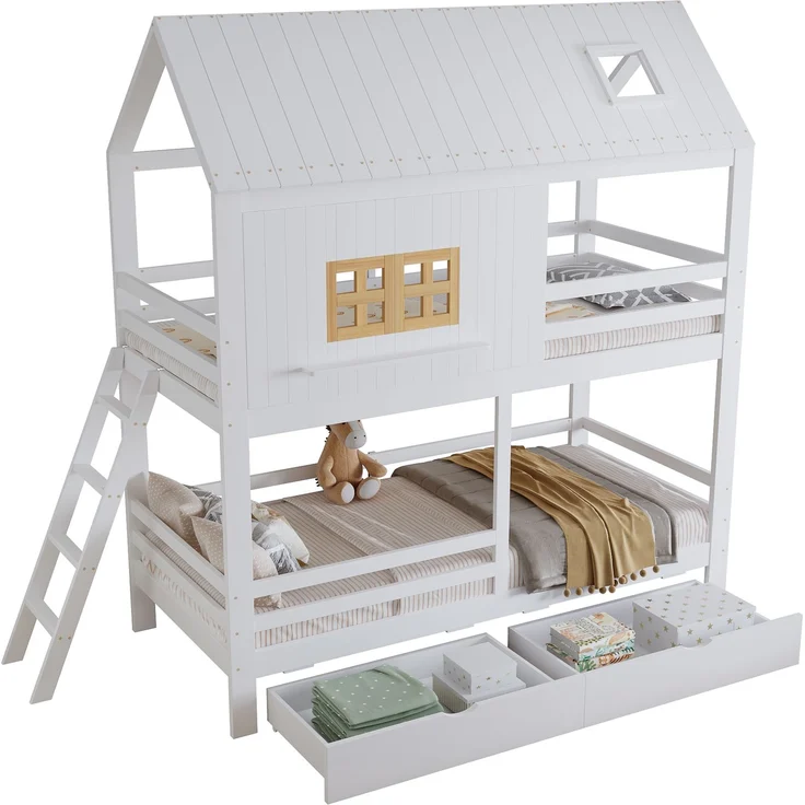 Merax Etagenbett, 90x200cm Kinderbett, Mit Schöne Fenster und Dach, Stabiler Lattenrost und Leiter, Mit zwei großen Schubladen, Weiß+Natur – Bild 10
