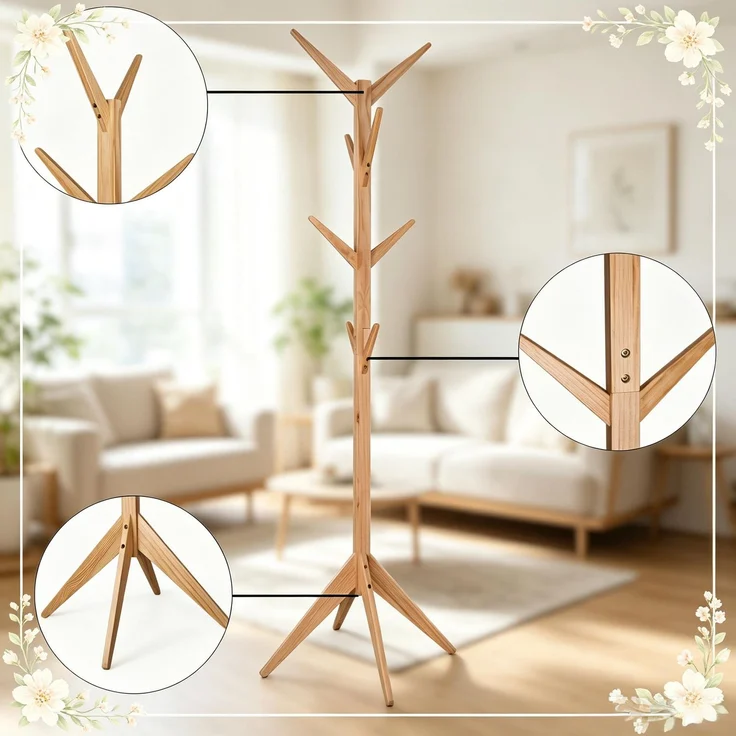 Faumrta Modernes Design Mantelhalter,Holz Mantelhalter,Wohnzimmer Mantelhalter(nur mit Mantelhalter)43CM*43CM*180CMNaturalMassivholz – Bild 6