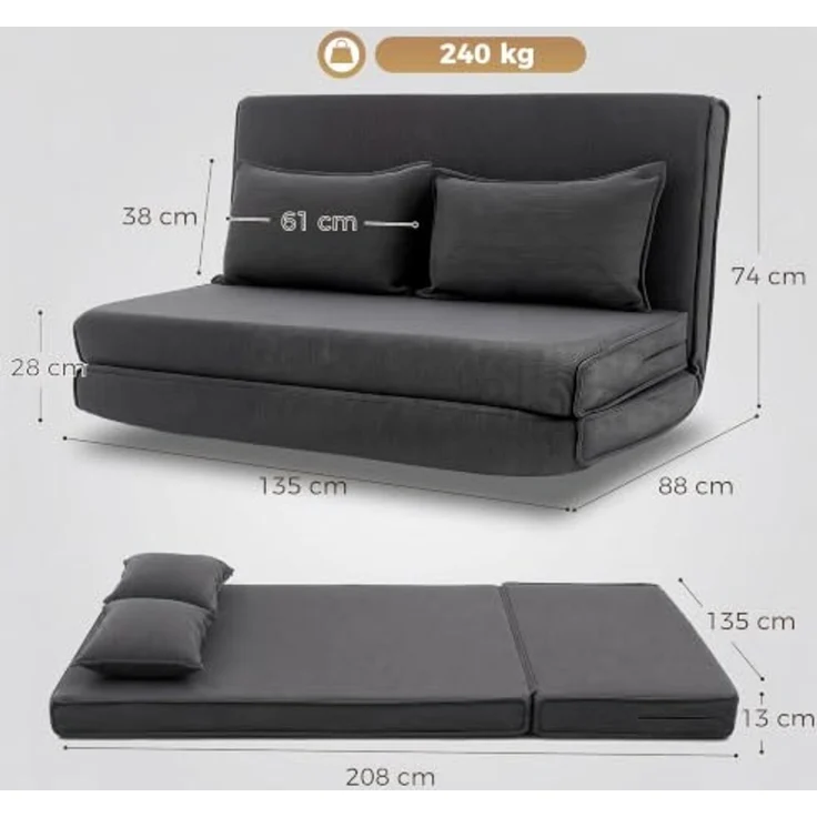 HOMCOM Bodenkissen 3 in 1 Schlafsofa Klappsofa mit 2 Kissen und Verstellbarer Rückenlehne, 3-in-1, 5-fach verstellbar, 2 Kissen – Bild 3