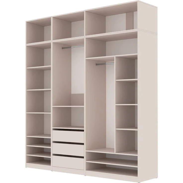 Marmex Möbel Tres Set-E/N Offen Mehrzweckschrank, Garderobenschrank mit Aufsatz, Begehbarer Kleiderschrank mit Regalen, Schubladen und Kleiderstangen, laminierte Spanplatte, graubeige cashmere 200x246x51 cm – Bild 9