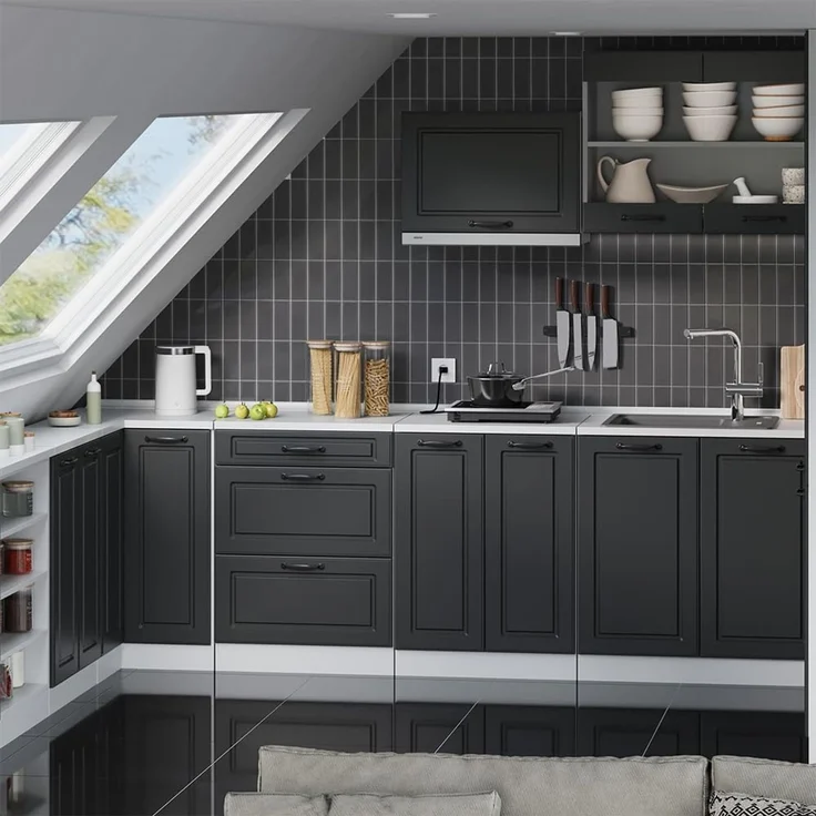 Küchenschrank für Dachschrägen R-Line Anthrazit Landhaus 140 cm 2er Set Vicco – Bild 2
