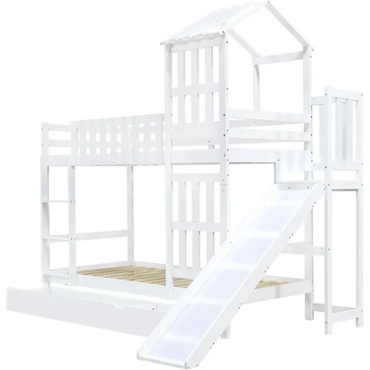 Etagenbett mit 2 Schlafgelegenheiten und Lattenrost, 90x200 cm, Kinderbett mit Rutsche, Schubladen und Rausfallschutz, Spielbett, Kiefer – Bild 6