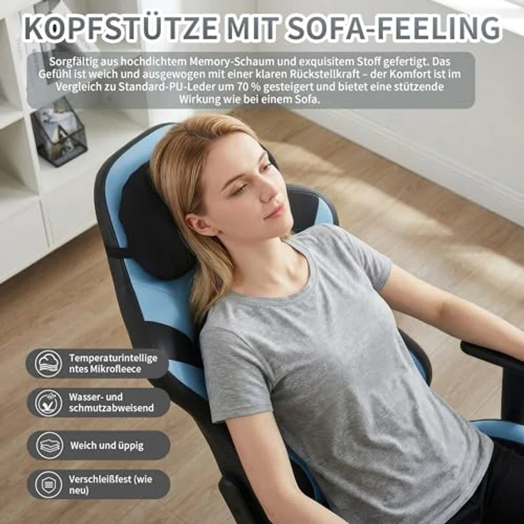 JUMMICO Gaming-Stuhl mit Verstellbarer Lendenwirbelstütze & 2D-Armlehnen, 90-140° Neigbar, Ergonomischer Computerstuhl aus Kunstleder, Atmungsaktiver Bürostuhl für Gamer & Büro, 150 kg, Blau – Bild 4