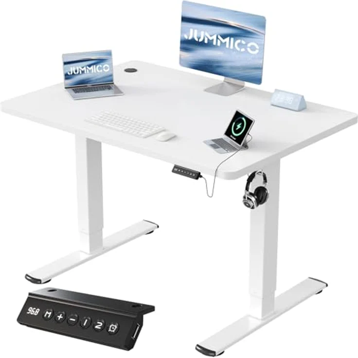 JUMMICO Höhenverstellbarer Schreibtisch mit USB-Ladeanschluss 110x53 cm, Schreibtisch Höhenverstellbar Elektrisch, Steh-Sitz Tisch Stehpult Verstellbarer Computertisch,Standing Desk, Weiß – Bild 1
