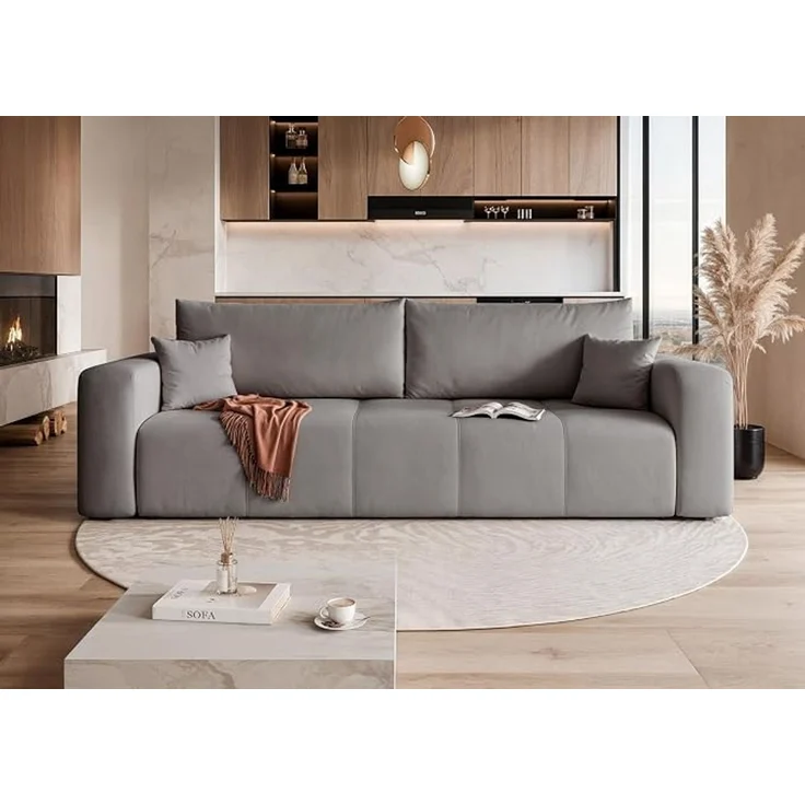 Schlafsofa aus Massivholz & MDF mit Schlaffunktion (125 x 200 cm) und Stauraum; Ziernähte auf der Sitzfläche; 93 x 244 cm – Bild 2