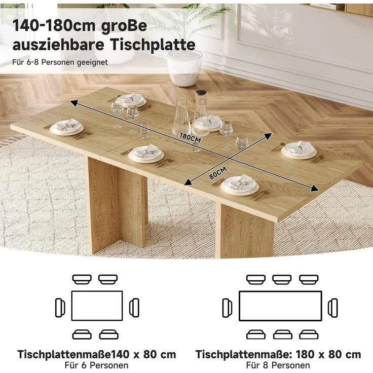 Ausziehbarer Esstisch, 140/180*80 cm, geeignet für 6-8 Personen, rechteckige Form, verdickte Tischplatte, einfachen Stil,Tisch für Esszimmer, Küche, Wohnzimmer, Eichenfarbe – Bild 7
