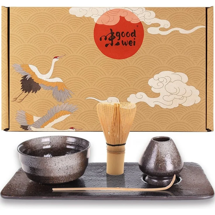 Goodwei Teeservice Matcha-Set "Goma" - Schale Chawan, 80er Matchabesen, Halter & Tablett (5-tlg), 1 Personen, Keramik, handgearbeitet – Bild 1