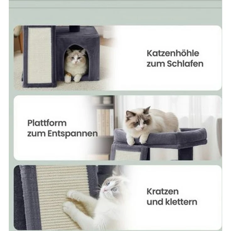 FEANDREA Kleiner Katzenbaum, Kratzbaum mit Kratzbrett, Katzenhöhle und Plattform, dunkelgrau – Bild 3