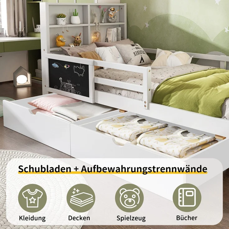 Kinderbett mit Rausfallschutz, Lattenrost und Schubladen, 90x200 cm, Jugendbett, Kiefer – Bild 3