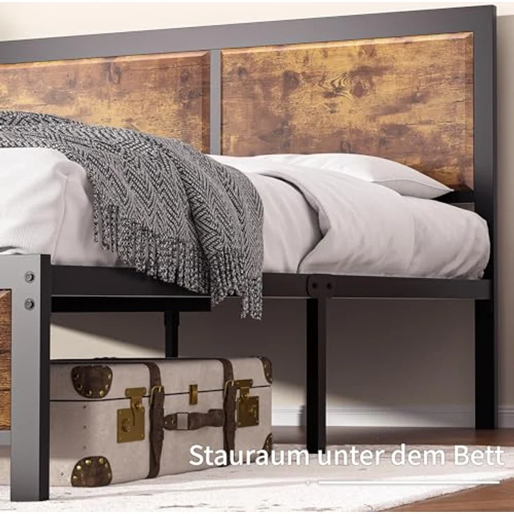 VECELO 2er-Set Bettgestell 90 x 200 cm, Einzelbett mit dickem Holzkopfteil und Metall-Lattenrost, Stauraum unter dem Bett, Stabiler Bettrahmen für Schlafzimmer, Vintage Braun – Bild 4
