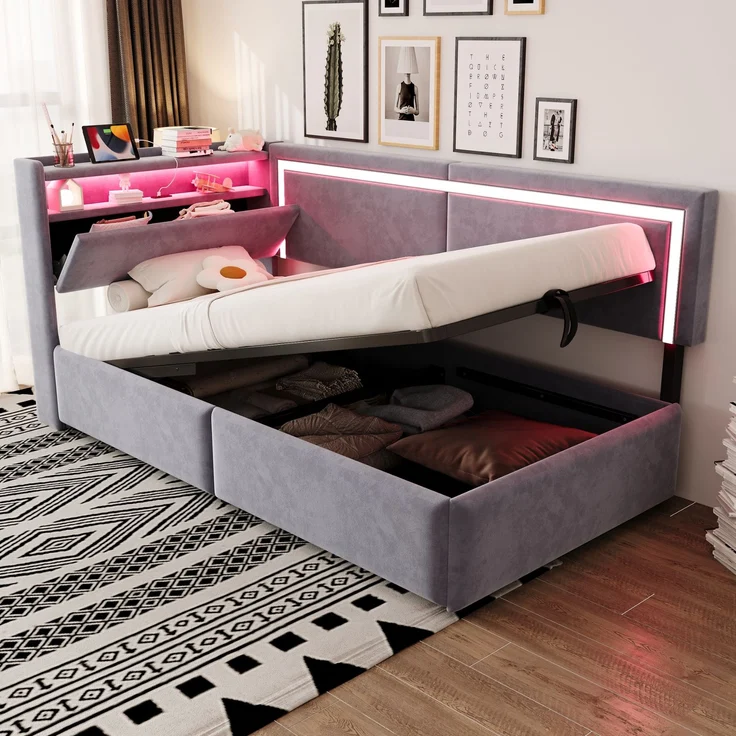 EINHOM Polsterbett Schlafsofa 90 x 200 cm, Samt, mit LED-Beleuchtung und USB-Ladeanschlüssen, Kopfteil Lässt Sich zum Verstauen Öffnen, Hydraulisches Stauraumsystem unter dem Bett, Hellgrau, (Ohne Matratze) – Bild 1