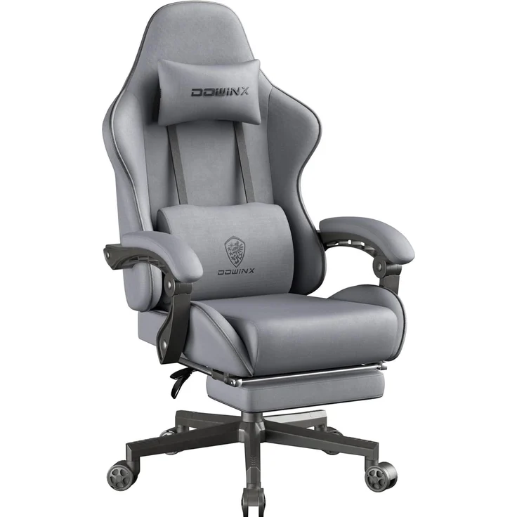 Dowinx Gaming Stuhl Tasche Frühling Kissen, Atmungsaktiver Bürostuhl aus Hochwertigem Stoff, Ergonomischer PC-Stuhl mit Kopfstütze, Drehbarer Schreibtischstuhl mit Fußstütze (Grau) – Bild 1