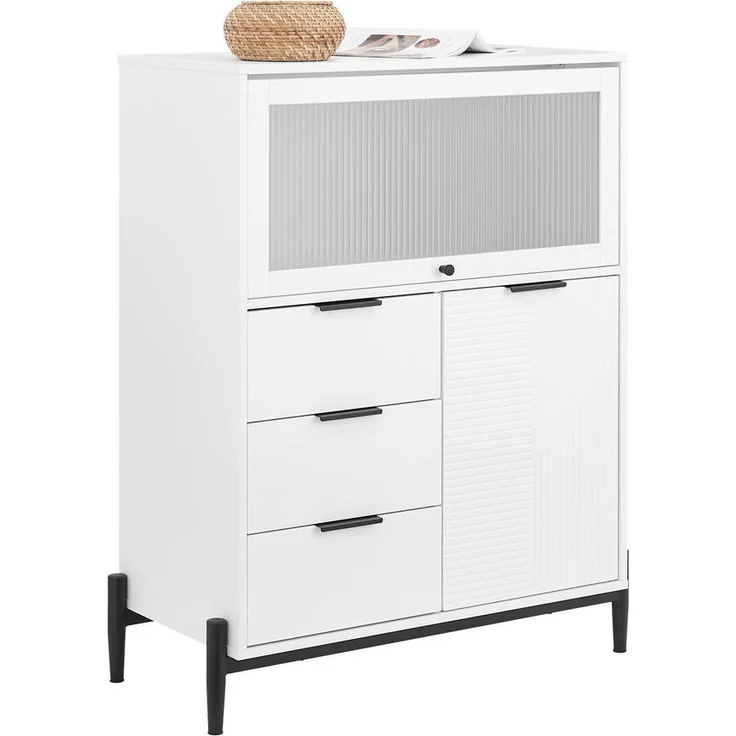 SoBuy Sideboard, Weiß, 2 Türen und 3 Schubladen, Holzwerkstoff und Metall, 86x108x40 cm, geeignet für Wohnzimmer