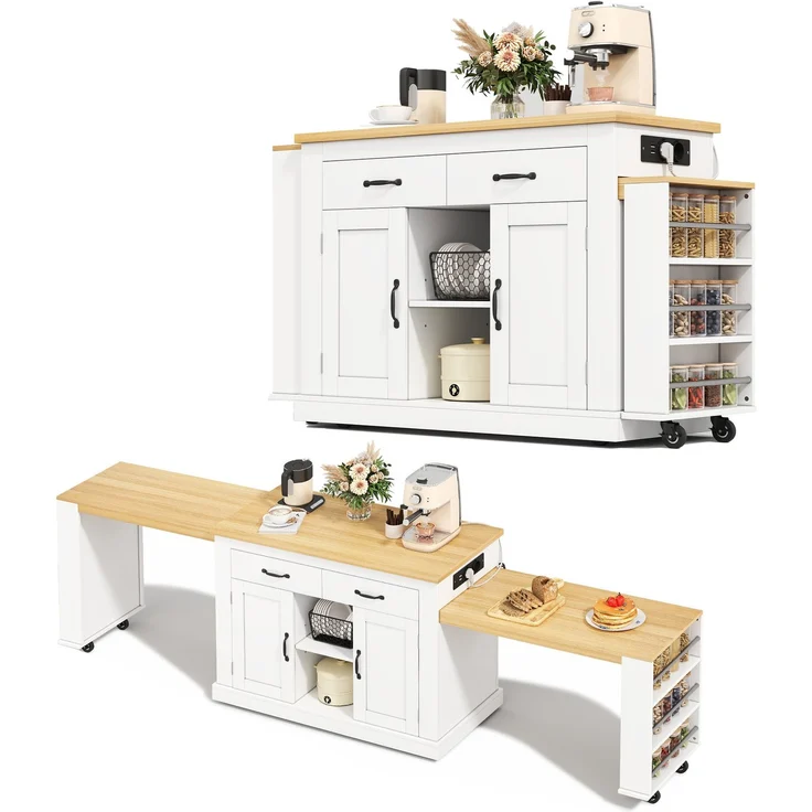 Merax 340cm Kücheninsel mit zwei ausziehbaren Arbeitsflächen,stilvolle mobile Insel,verstellbare Regalböden,2x220V-Steckdosen,2xUSB-Anschlüsse, Weiß – Bild 10