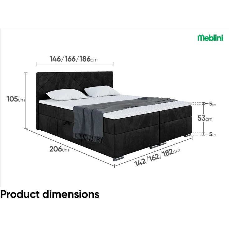 MEBLINI Boxspringbett MALDINI 160x200cm - H3B/Schwarz Samt - mit Bettkasten - Polsterbett - Doppelbett mit Topper & Bonellfederkern-Matratze – Bild 7