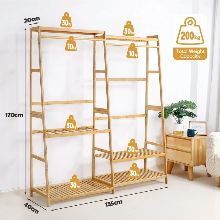 Yorbay Kleiderständer mit Ablage, Garderobenständer aus Bambu Multifunctional, Kleiderständer für Flur, Wohnzimmer, Schlafzimmer – Bild 3