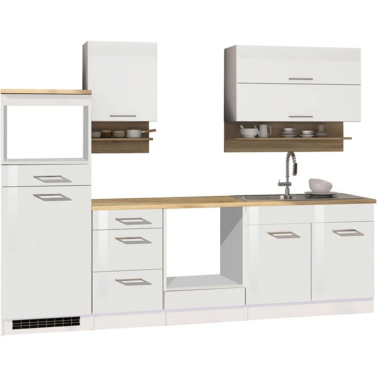 Küchenzeile 270 cm weiß, MARANELLO-03, Weiß Hochglanz ohne E-Geräte B x H x T ca. 270 x 200 x 60cm