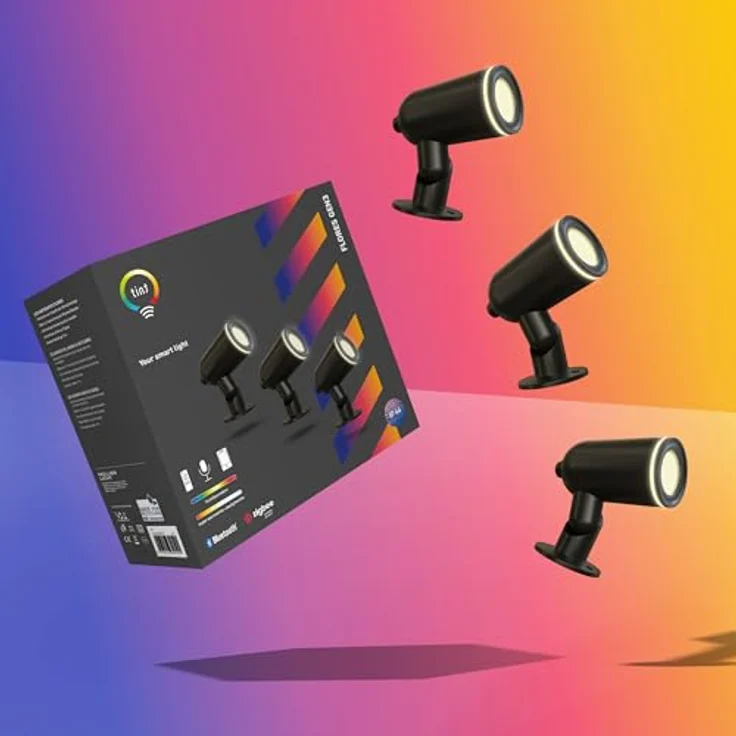 tint Smarte Outdoor LED Gartenspots Flores GEN 3, 3er Set mit Erdspieß, RGB Farbwechsel, dimmbar, IP44, 13 W, 9m Kabellänge, Zigbee & Bluetooth, kompatibel mit Alexa & tint App – Bild 1