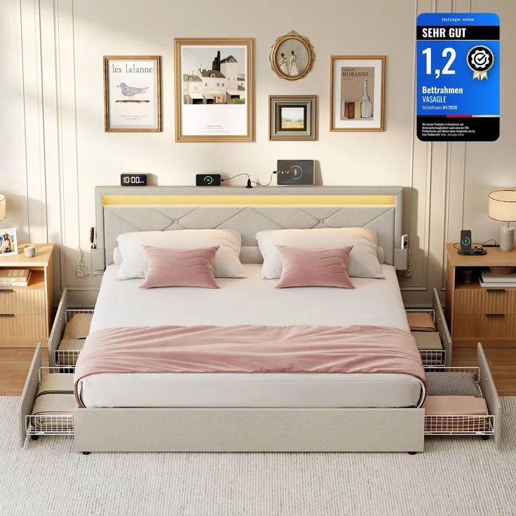 VASAGLE Doppelbettgestell, Bettgestell, 160x200 cm, LED, Metallbett, 4 Schubladen, Ladestation, verstellbares gepolstertes Kopfteil, cappuccinobeige RMB828LH01