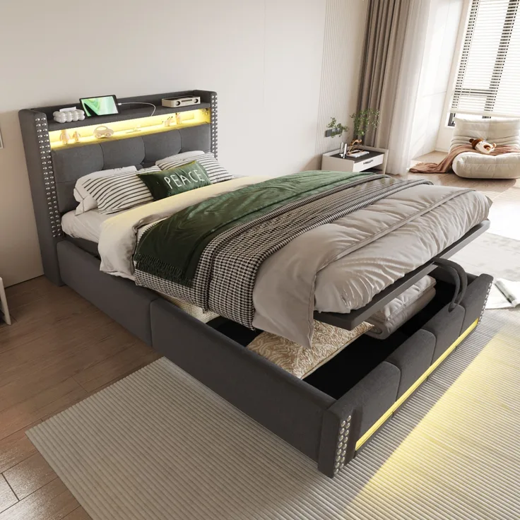 Polsterbett 90x200 cm aus Leinen mit LED-Beleuchtung und Hydraulik-Bettkasten – integrierte USB-Steckdose