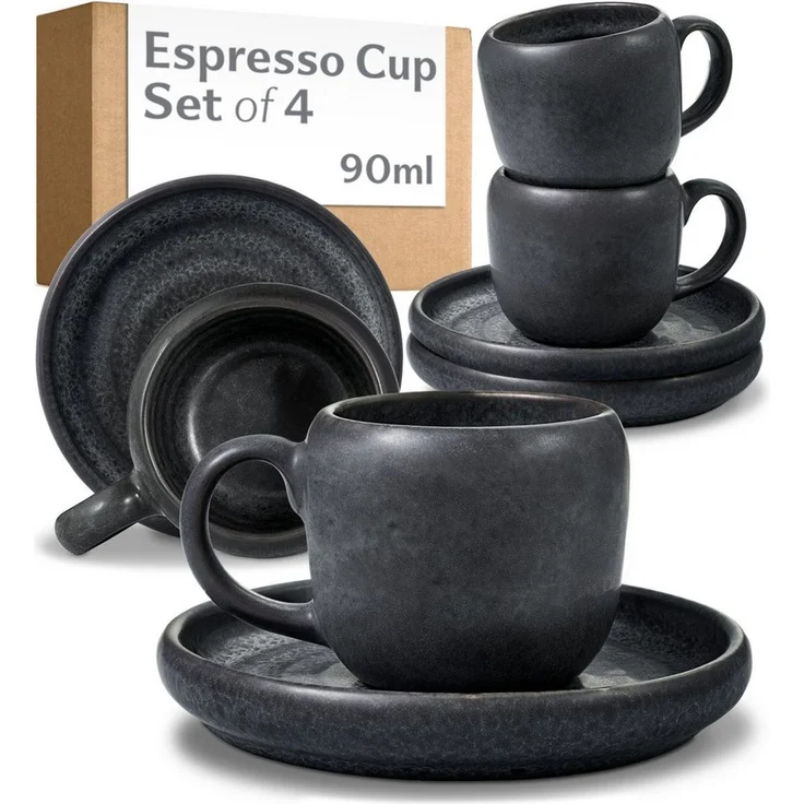 Cosumy Espressotasse 4er Espressotassen Set mit Untertassen Weiß – 90 ml Keramik Espresso, 4-tlg, Steingut, Handglasiert, Spülmaschinenfest & Mikrowellengeeignet, 4er Set – Bild 1