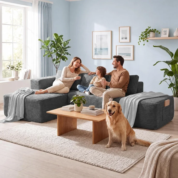 COMHOMA Ecksofa mit Schlaffunktion, 228cm Corduroy Modulares Boneless Couch mit Chaiselongue & Rücken-Metallgestell, L-Form Schlafsofa mit offenem Design, Kissen & Seitentaschen,für Wohnzimmer, GRAU-R – Bild 2