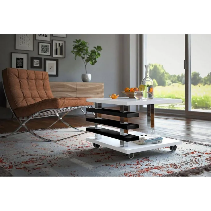 designimpex Couchtisch mit ROLLEN DC-2 Weiß - Schwarz Hochglanz Wohnzimmertisch 60x60x45cm