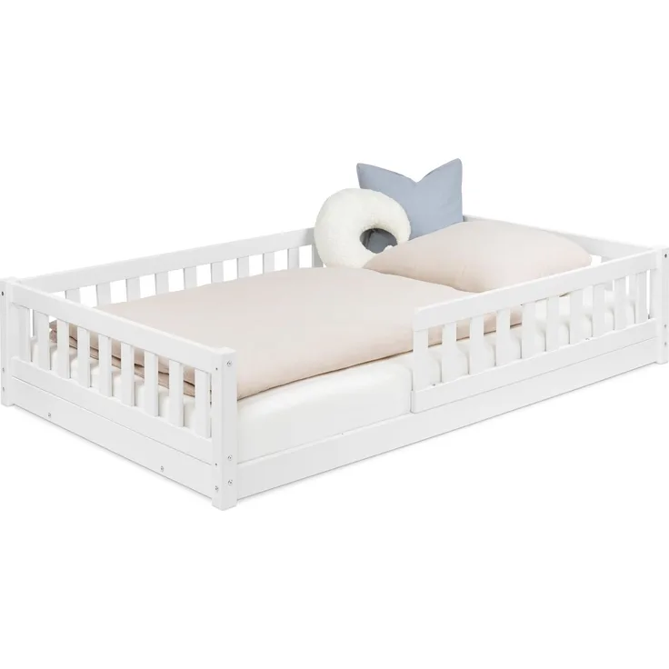 Ehrenkind® Bodenbett 120x200 cm Weiß, Montessori Bett mit Rausfallschutz & Rollrost, Kinderbett & Jugendbett aus Massivholz