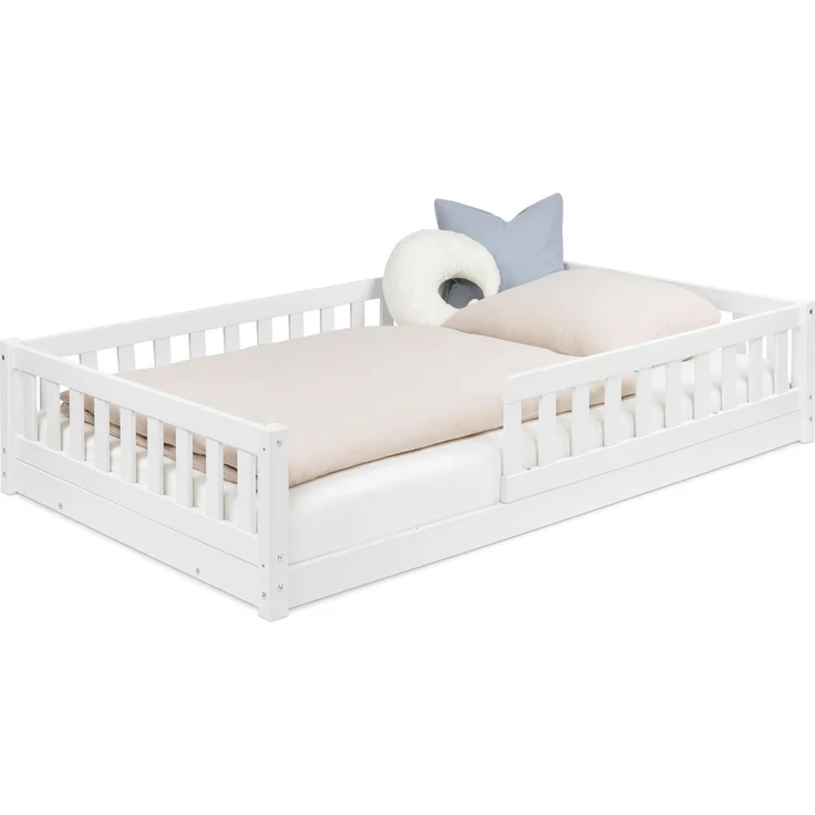 Ehrenkind® Bodenbett 120x200 cm Weiß, Montessori Bett mit Rausfallschutz & Rollrost, Kinderbett & Jugendbett aus Massivholz