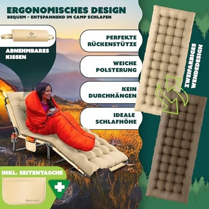 KESSER® Campingbett klappbar mit Tragetasche, Nackenkissen, Vakuumtasche & Getränkehalter, Oxford-Gewebe / Stahl kaffe / creme, 68 x 190 x 30 – Bild 3